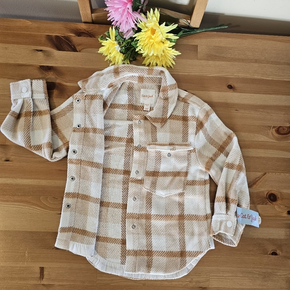Cat & Jack - Girls' Plaid Button-Front Long Sleeve Shacket - Beige Plaid - Picture 9 of 13